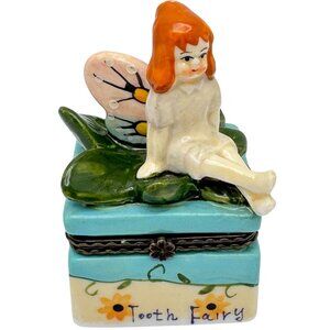 Tooth Fairy VtgTrinket Box with Green Leaves Figurine 3.25"